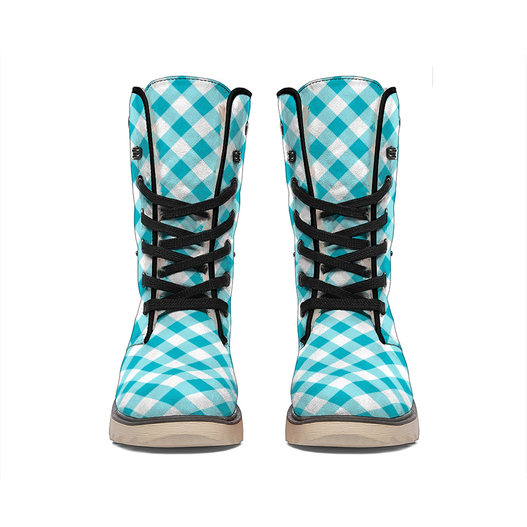 Teal And White Gingham Pattern Print Winter Boots