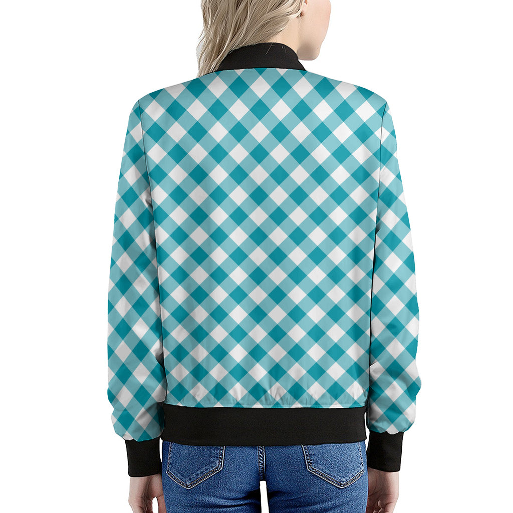 Teal And White Gingham Pattern Print Women's Bomber Jacket