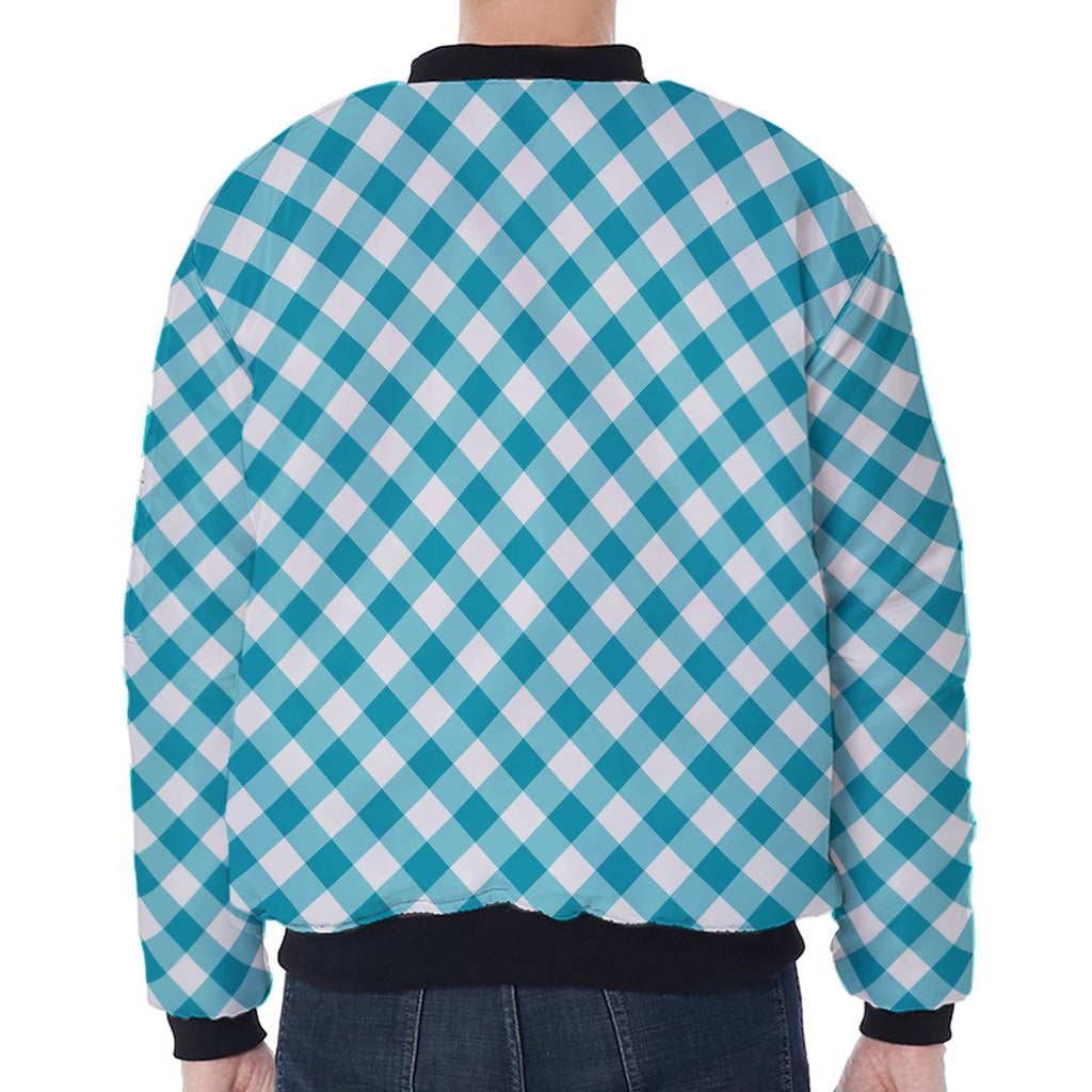 Teal And White Gingham Pattern Print Zip Sleeve Bomber Jacket