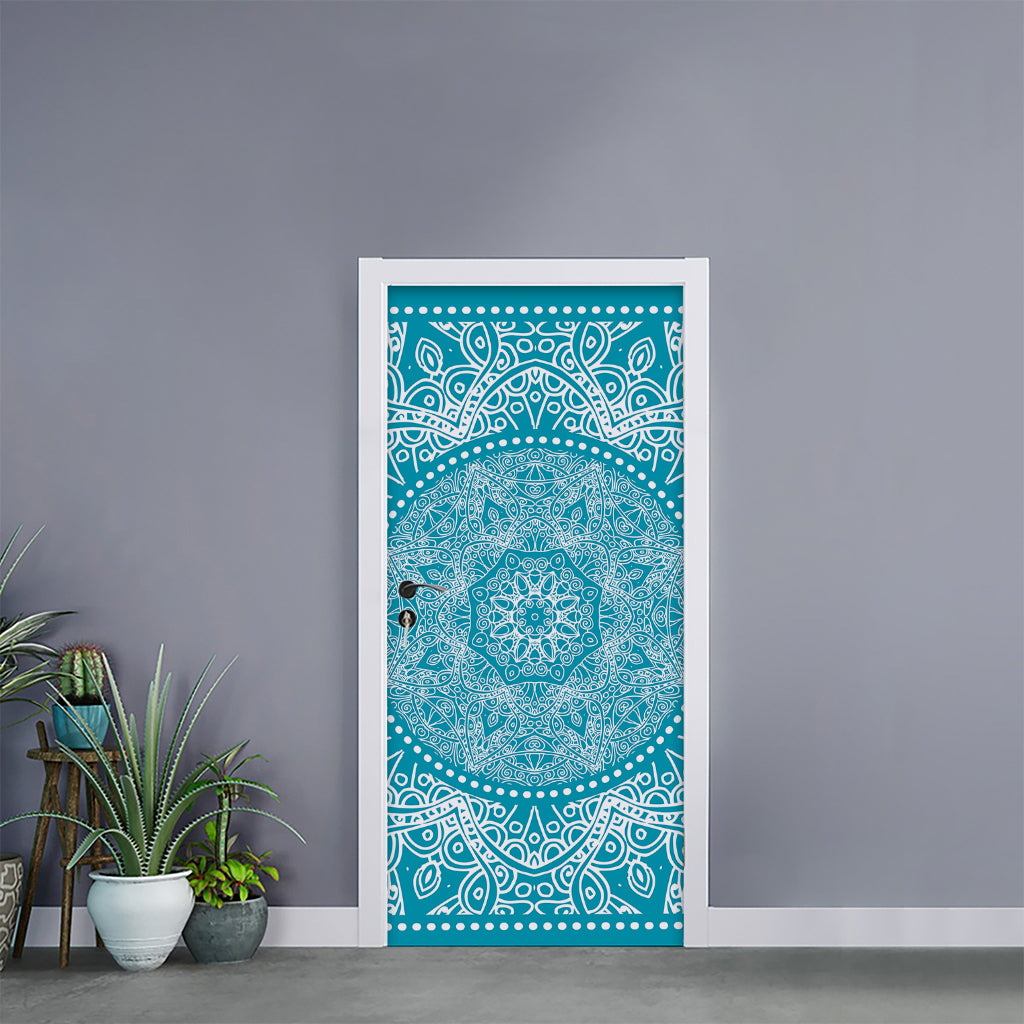 Teal And White Mandala Print Door Sticker