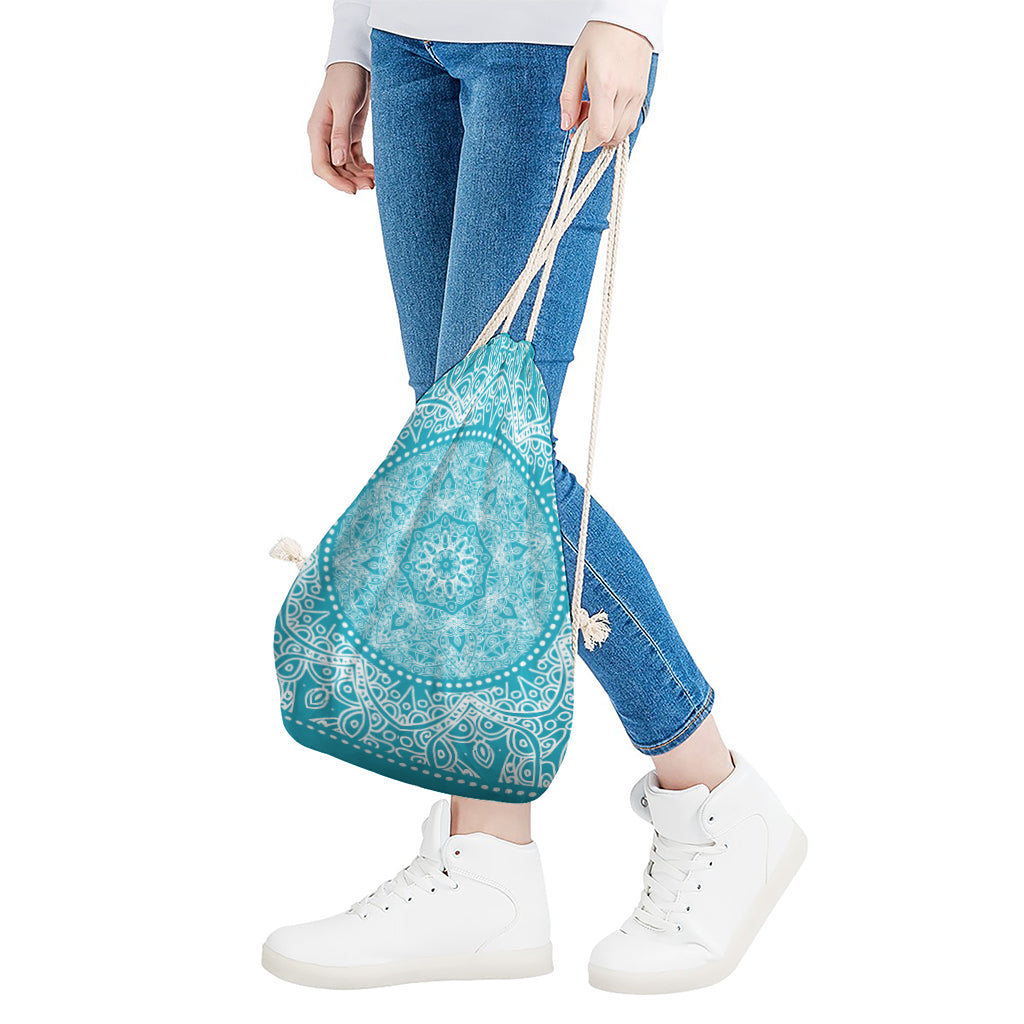 Teal And White Mandala Print Drawstring Bag