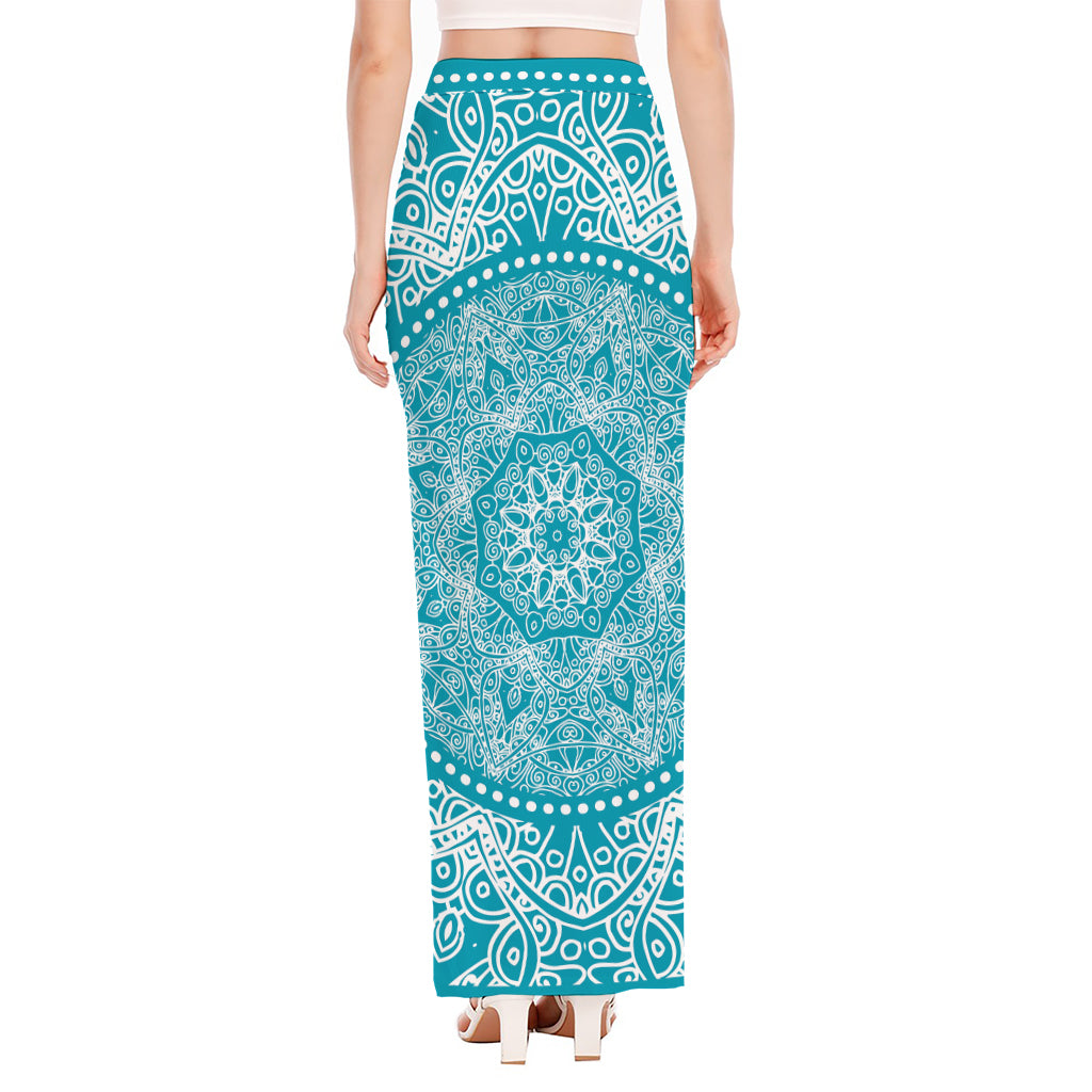 Teal And White Mandala Print High Slit Maxi Skirt