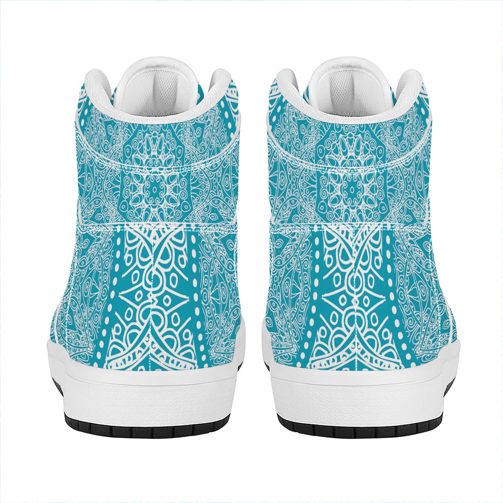 Teal And White Mandala Print High Top Leather Sneakers