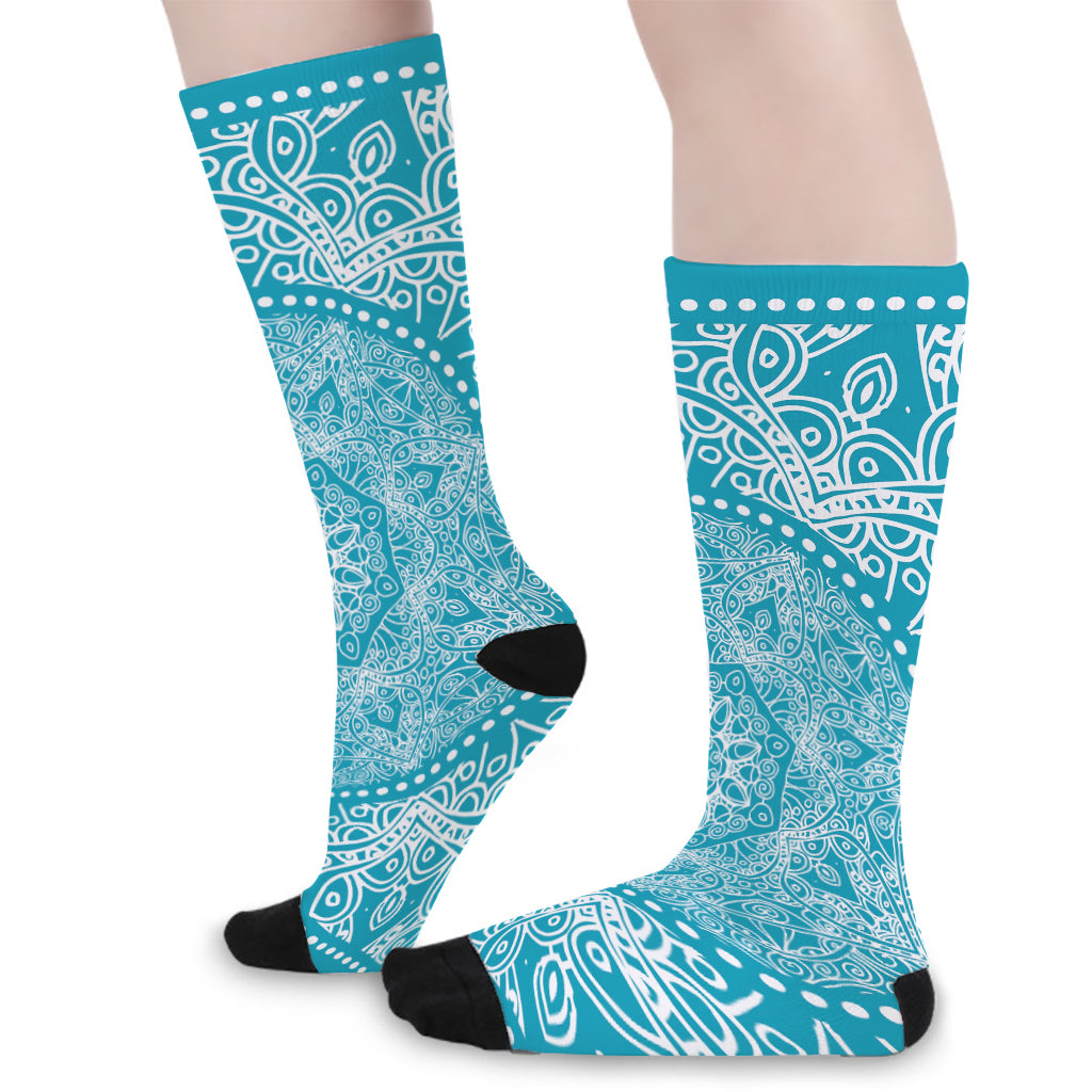 Teal And White Mandala Print Long Socks