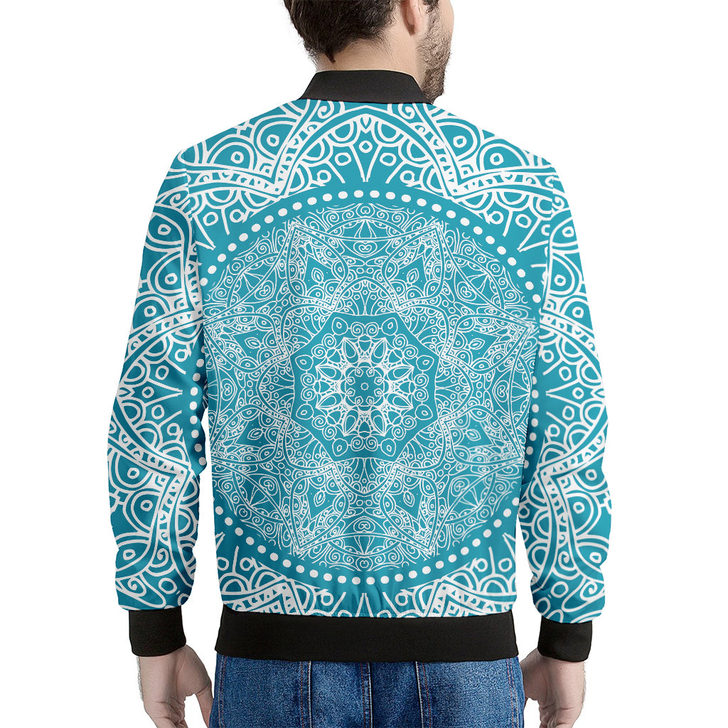 Teal And White Mandala Print Men's Bomber Jacket
