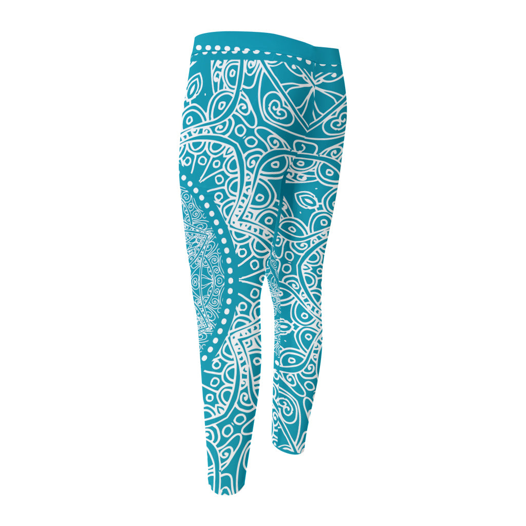 Teal And White Mandala Print Men's Compression Pants