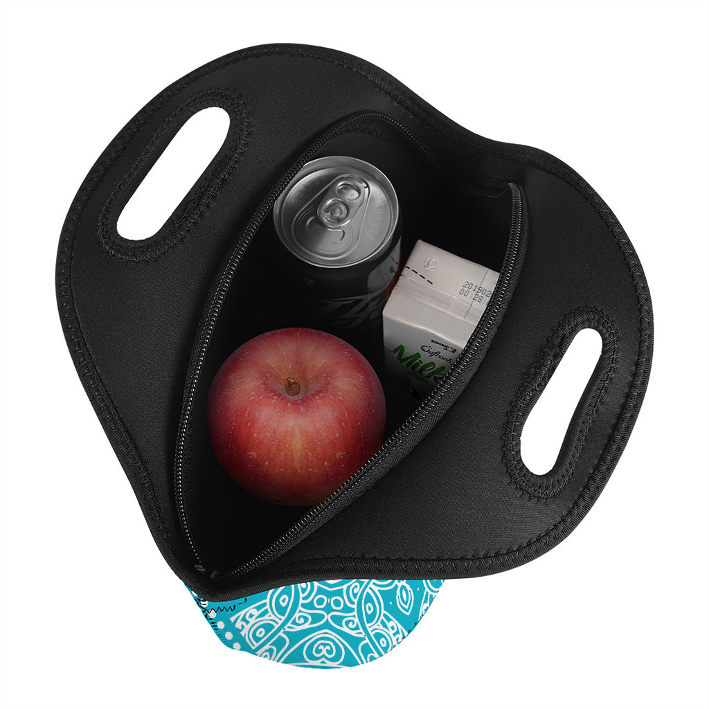 Teal And White Mandala Print Neoprene Lunch Bag