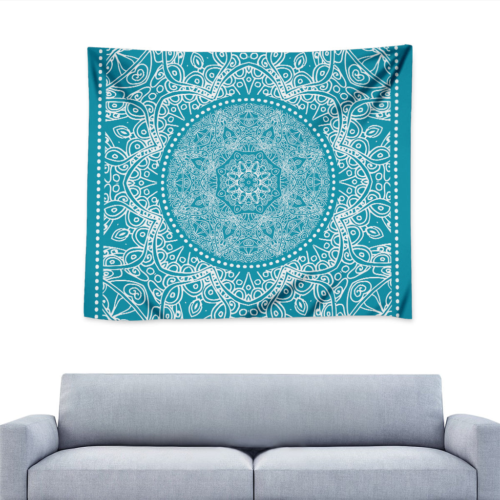 Teal And White Mandala Print Tapestry