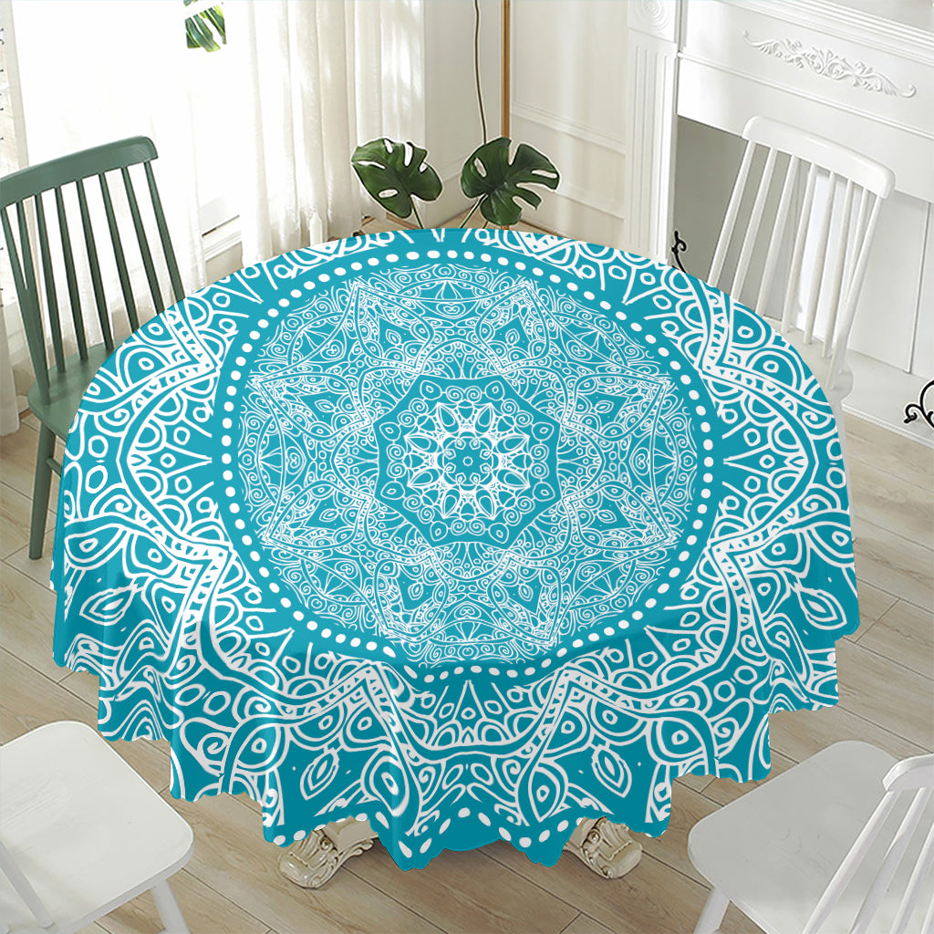 Teal And White Mandala Print Waterproof Round Tablecloth