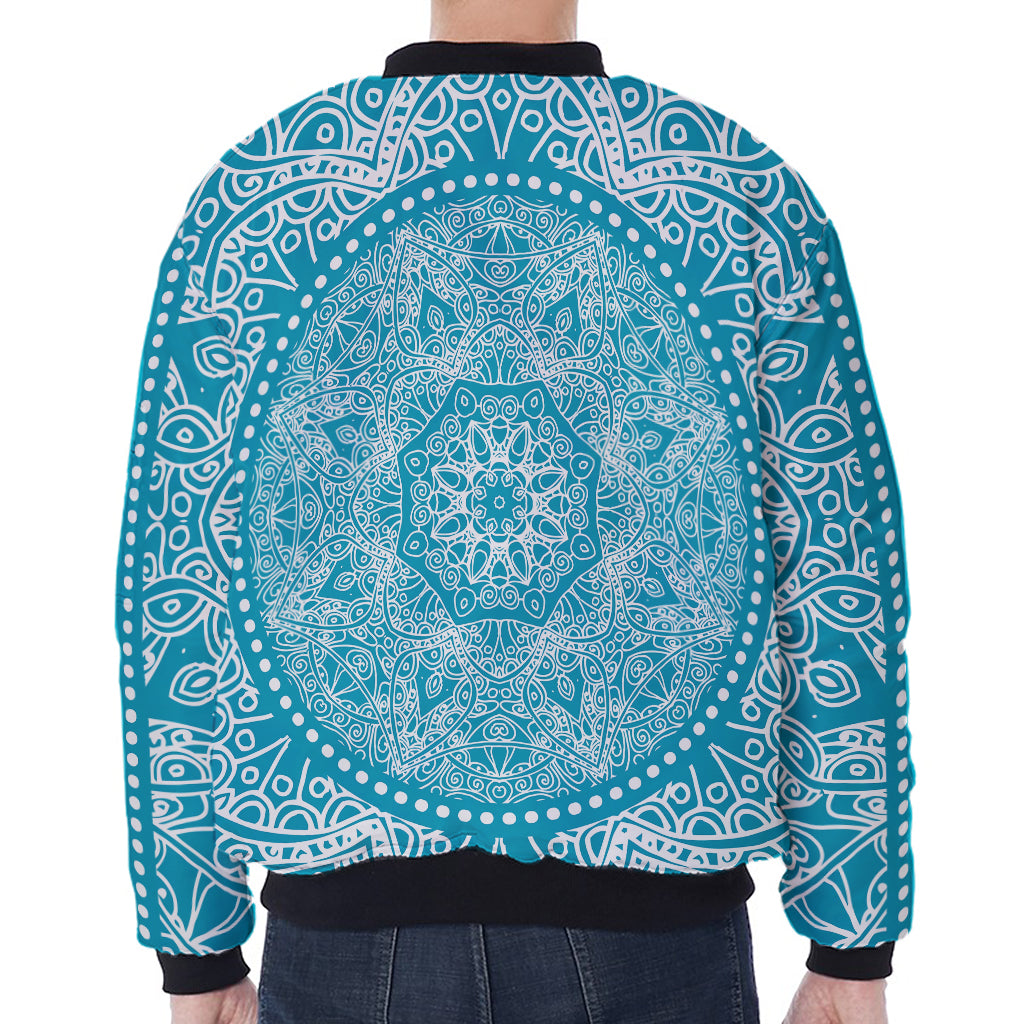 Teal And White Mandala Print Zip Sleeve Bomber Jacket