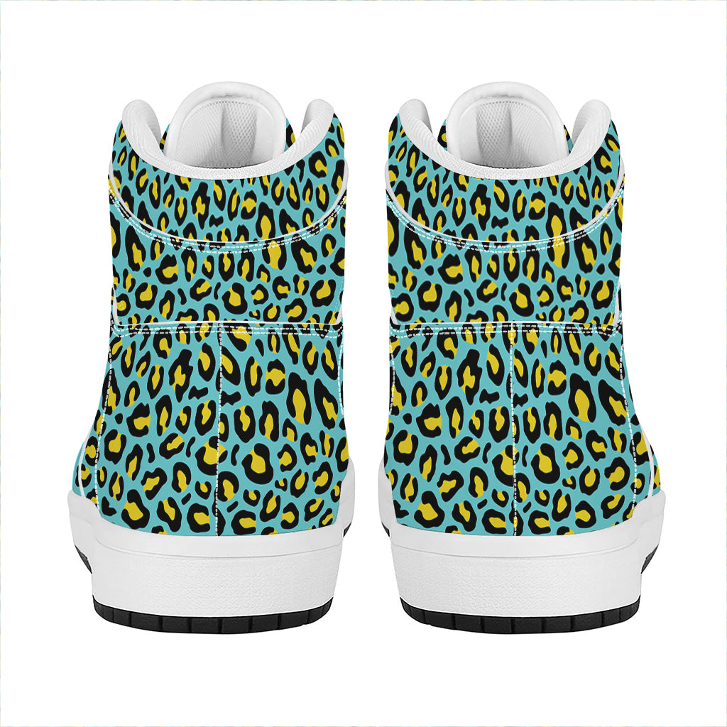 Teal And Yellow Leopard Pattern Print High Top Leather Sneakers