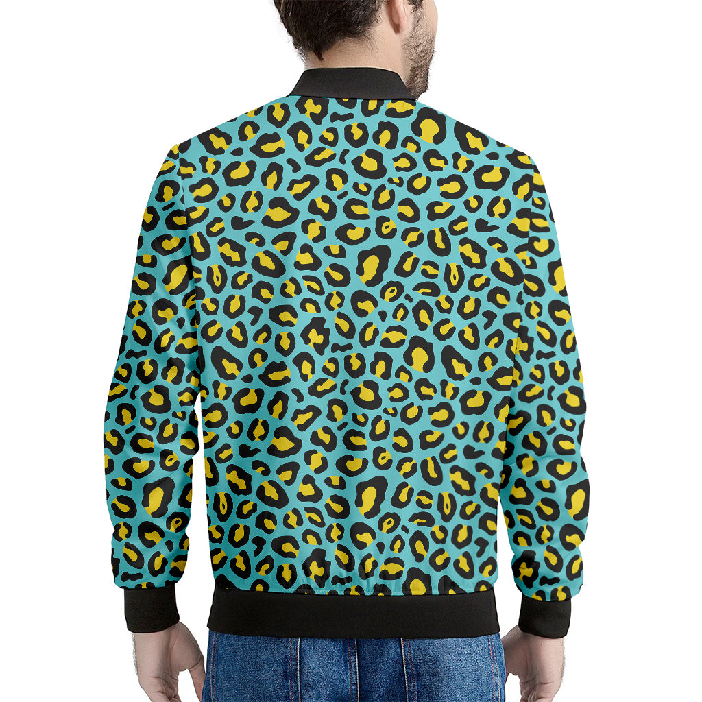Teal And Yellow Leopard Pattern Print Men's Bomber Jacket