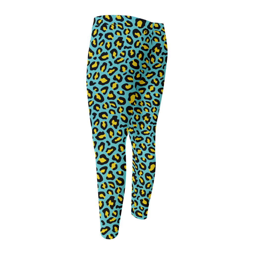 Teal And Yellow Leopard Pattern Print Men's Compression Pants