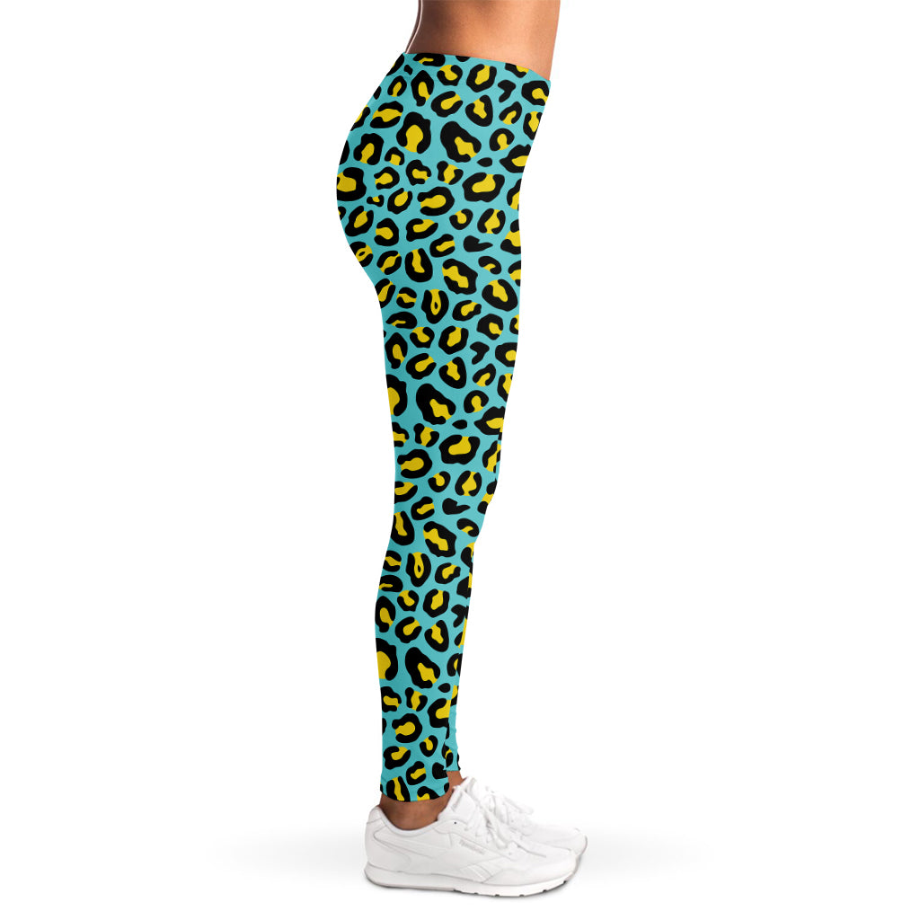Teal And Yellow Leopard Pattern Print Women's Leggings