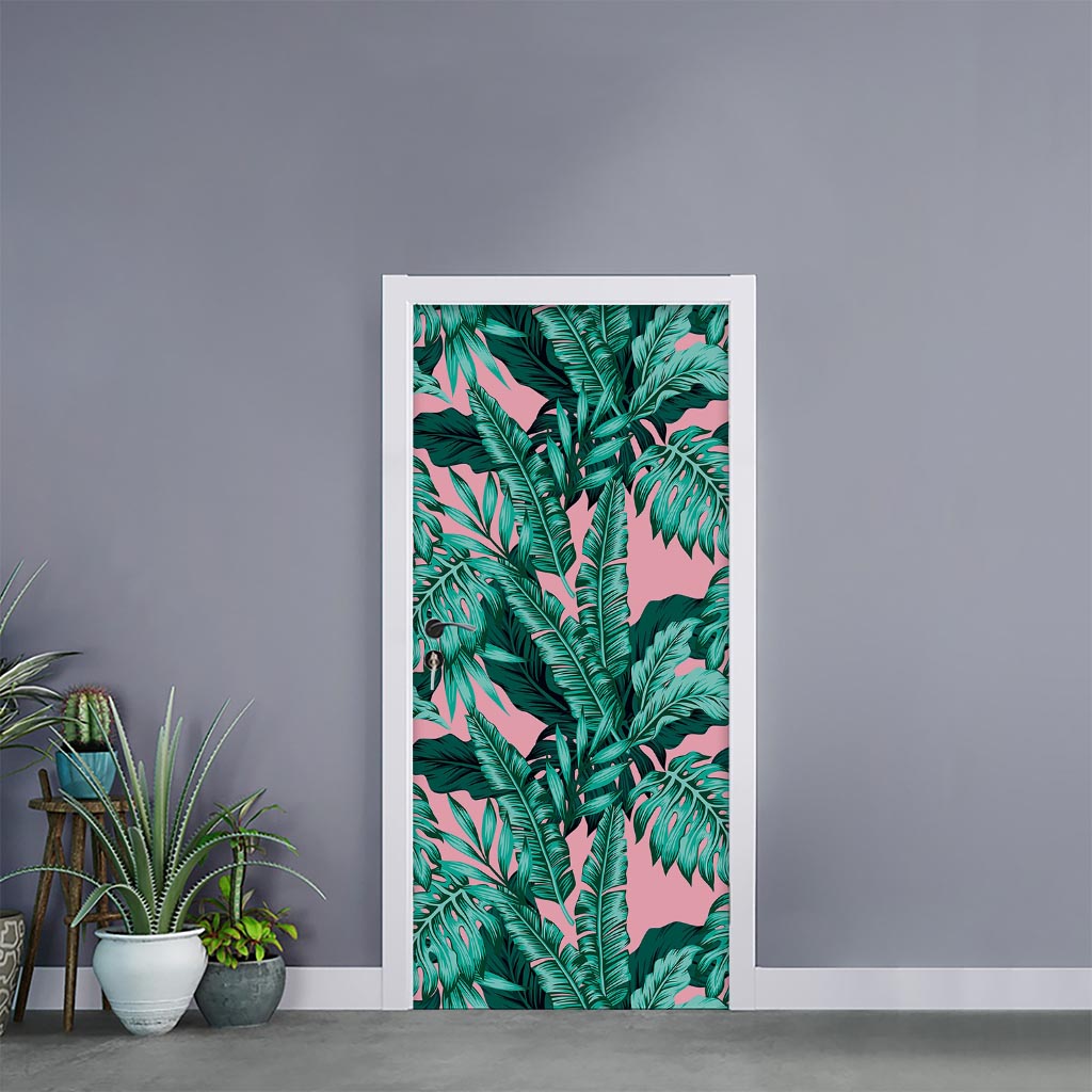 Teal Banana Leaves Pattern Print Door Sticker