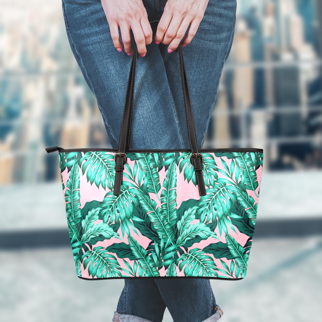 Teal Banana Leaves Pattern Print Leather Tote Bag