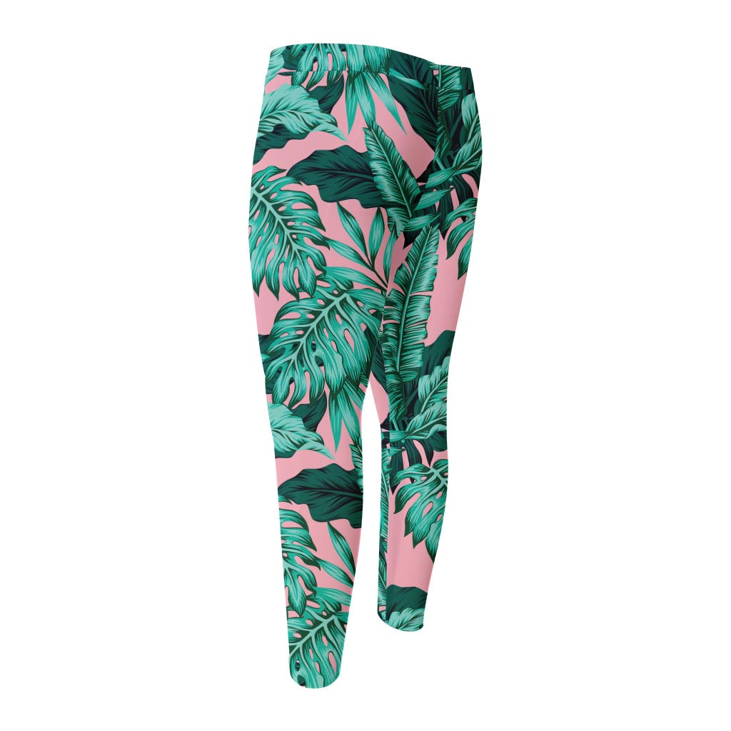Teal Banana Leaves Pattern Print Men's Compression Pants
