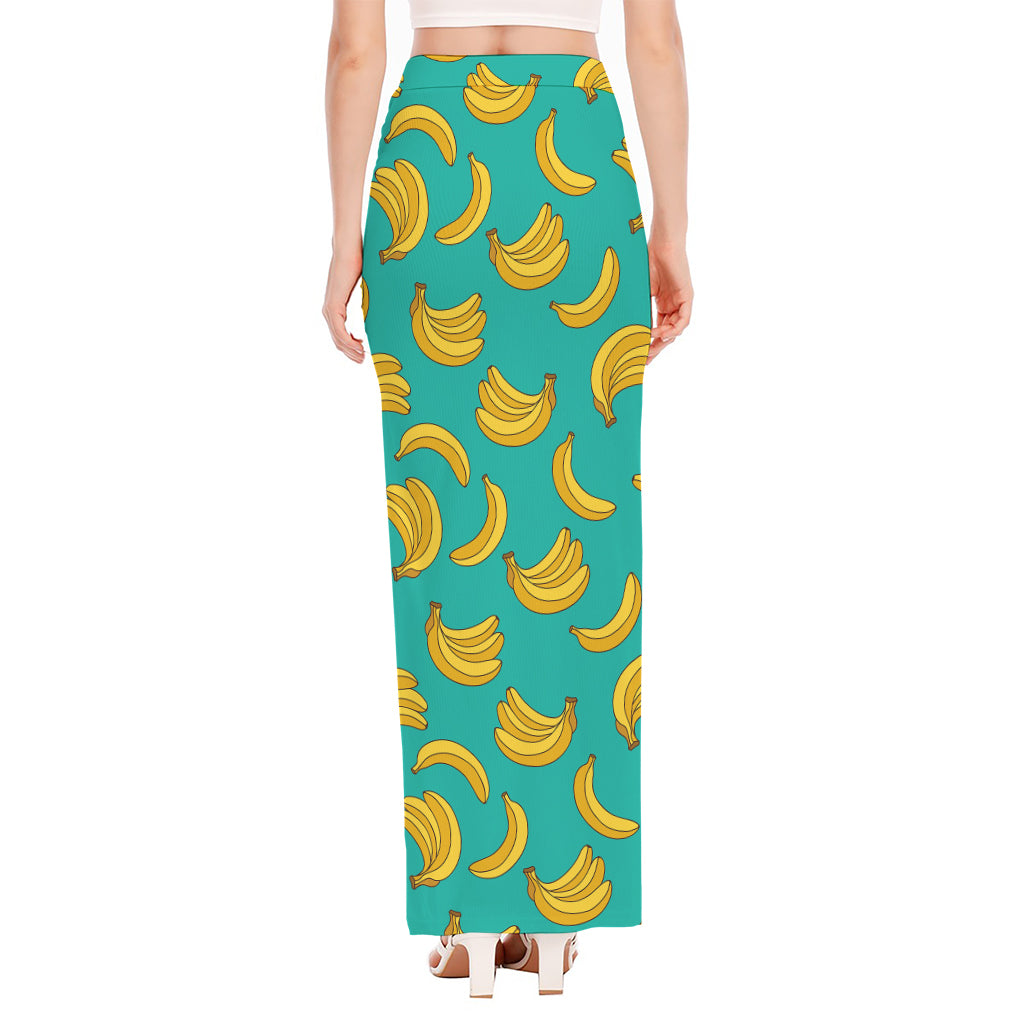 Teal Banana Pattern Print High Slit Maxi Skirt
