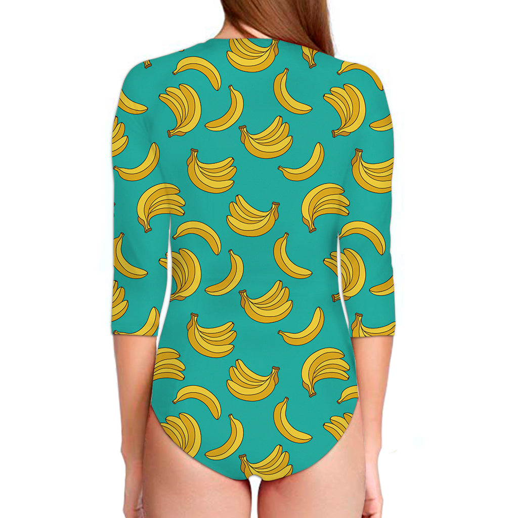 Teal Banana Pattern Print Long Sleeve Swimsuit