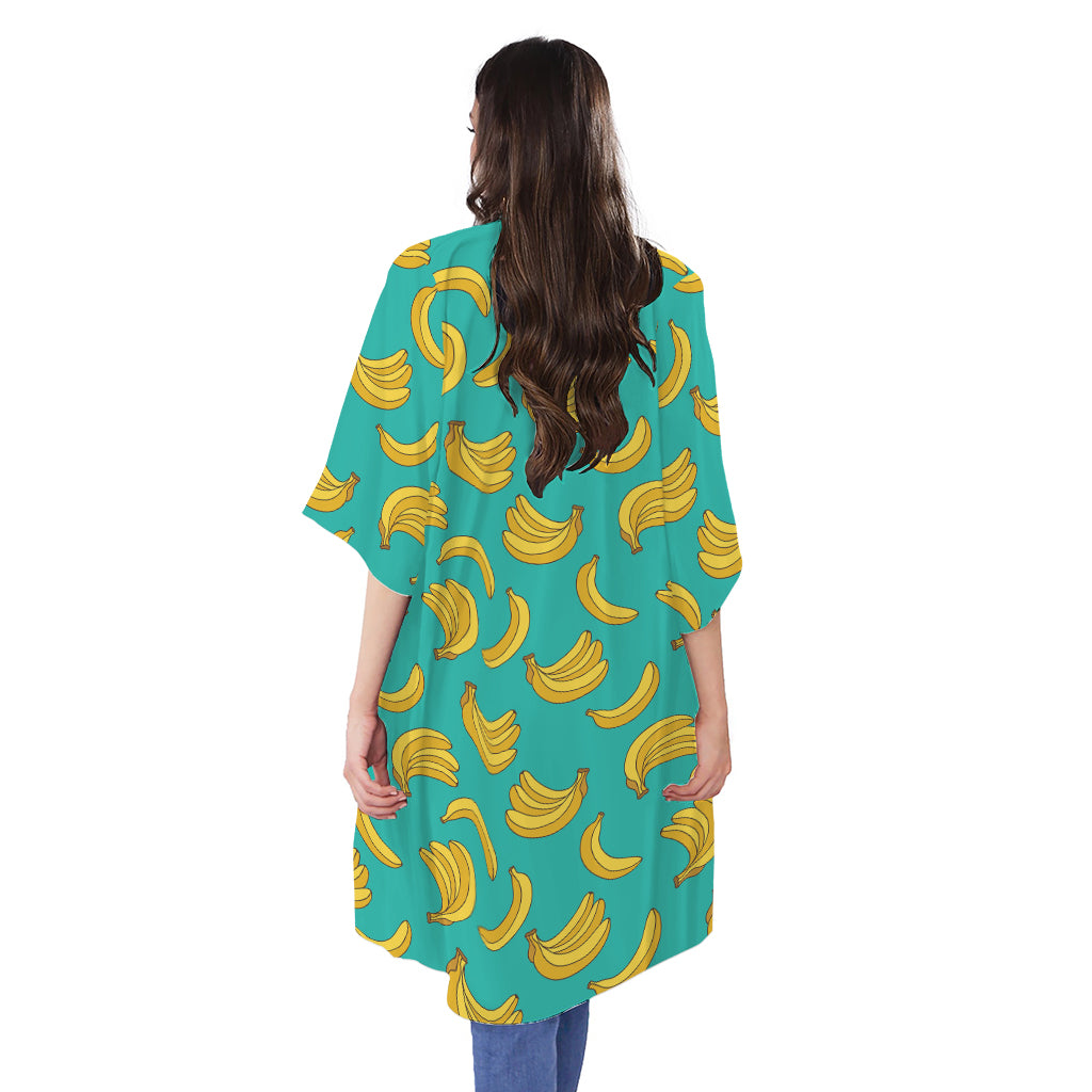 Teal Banana Pattern Print Open Front Beach Cover Up