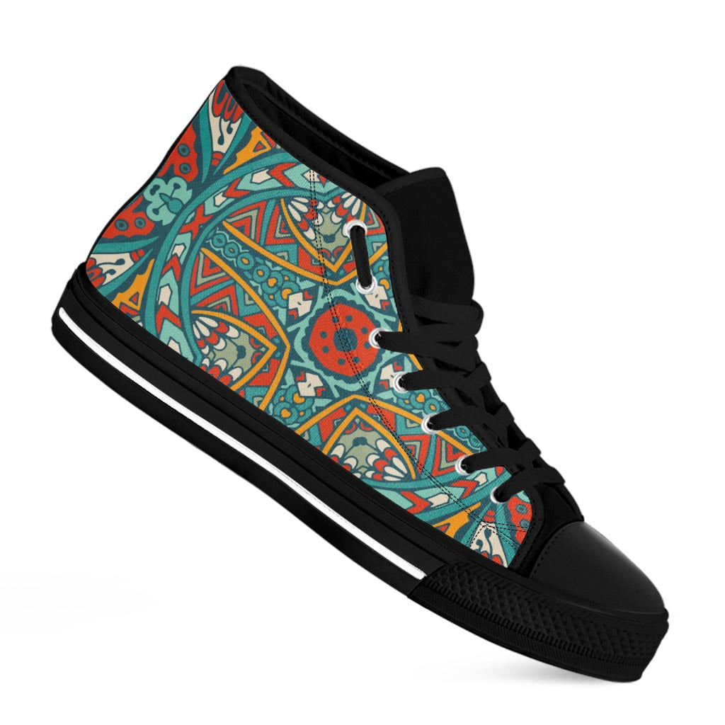 Teal Bohemian Mandala Pattern Print Black High Top Sneakers
