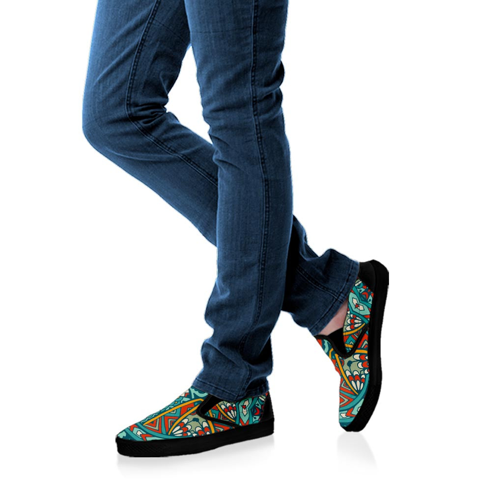 Teal Bohemian Mandala Pattern Print Black Slip On Sneakers