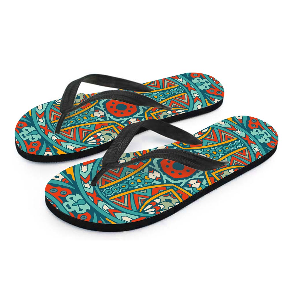 Teal Bohemian Mandala Pattern Print Flip Flops