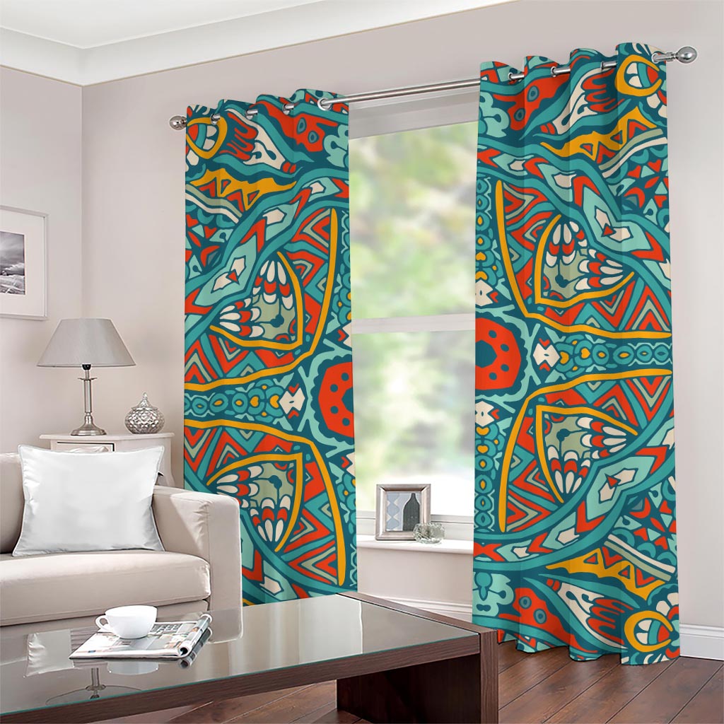 Teal Bohemian Mandala Pattern Print Grommet Curtains