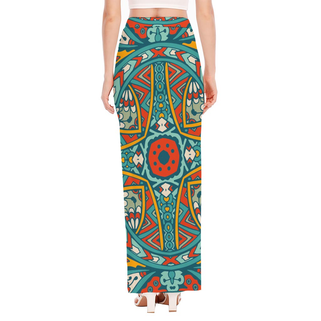Teal Bohemian Mandala Pattern Print High Slit Maxi Skirt