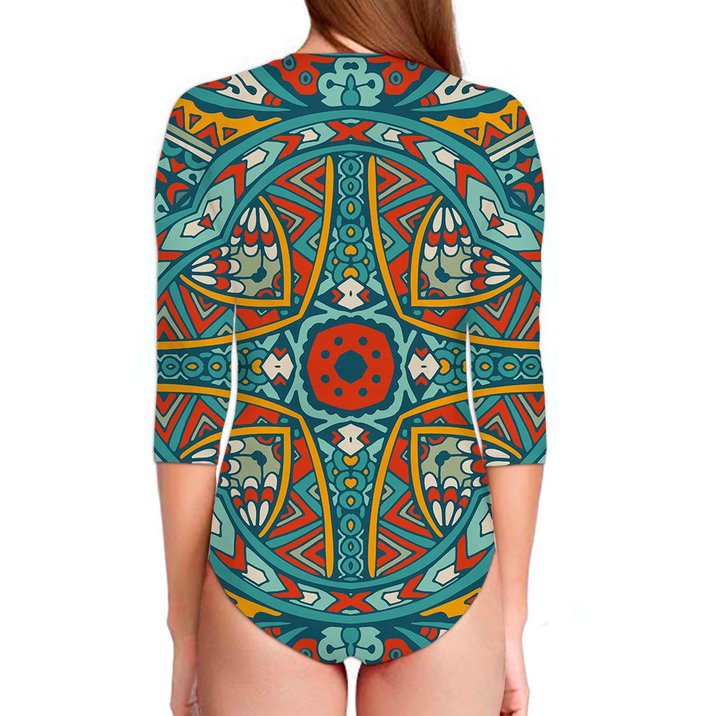 Teal Bohemian Mandala Pattern Print Long Sleeve Swimsuit