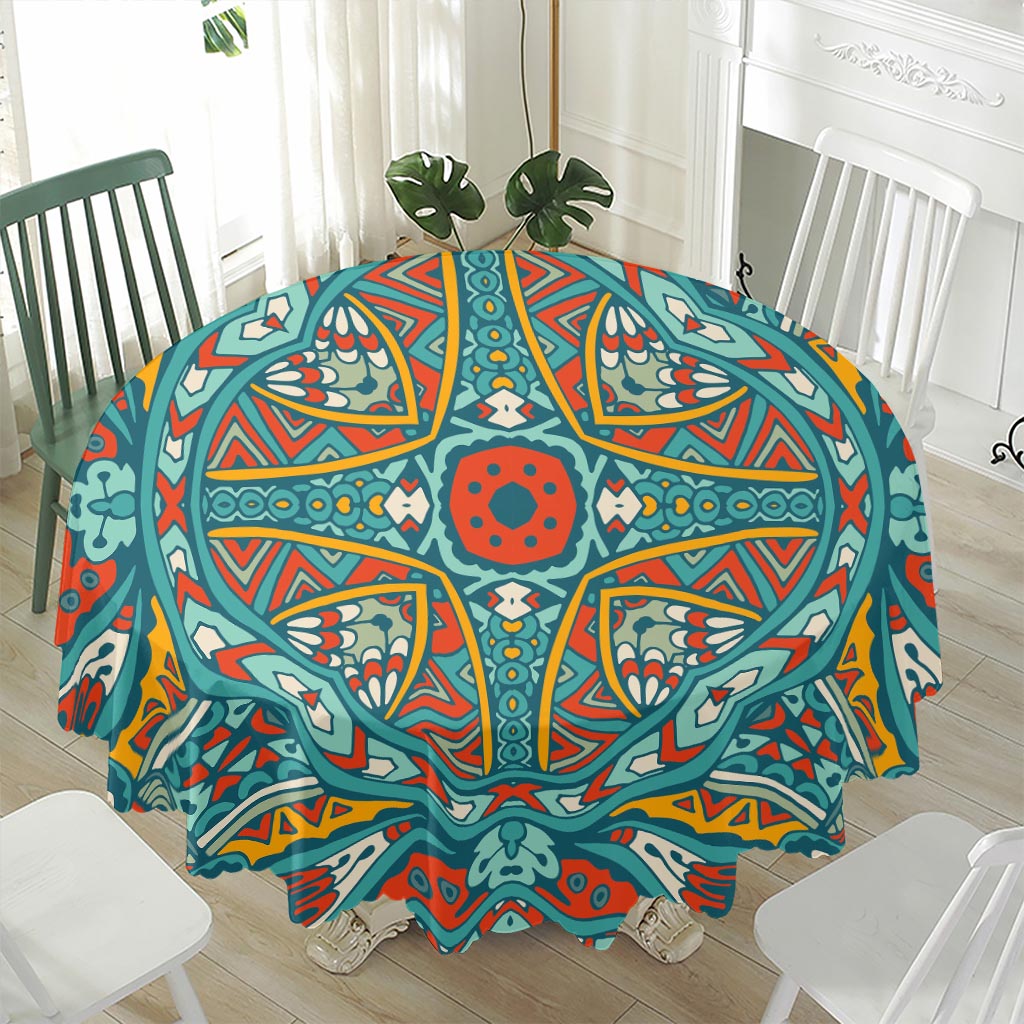 Teal Bohemian Mandala Pattern Print Waterproof Round Tablecloth
