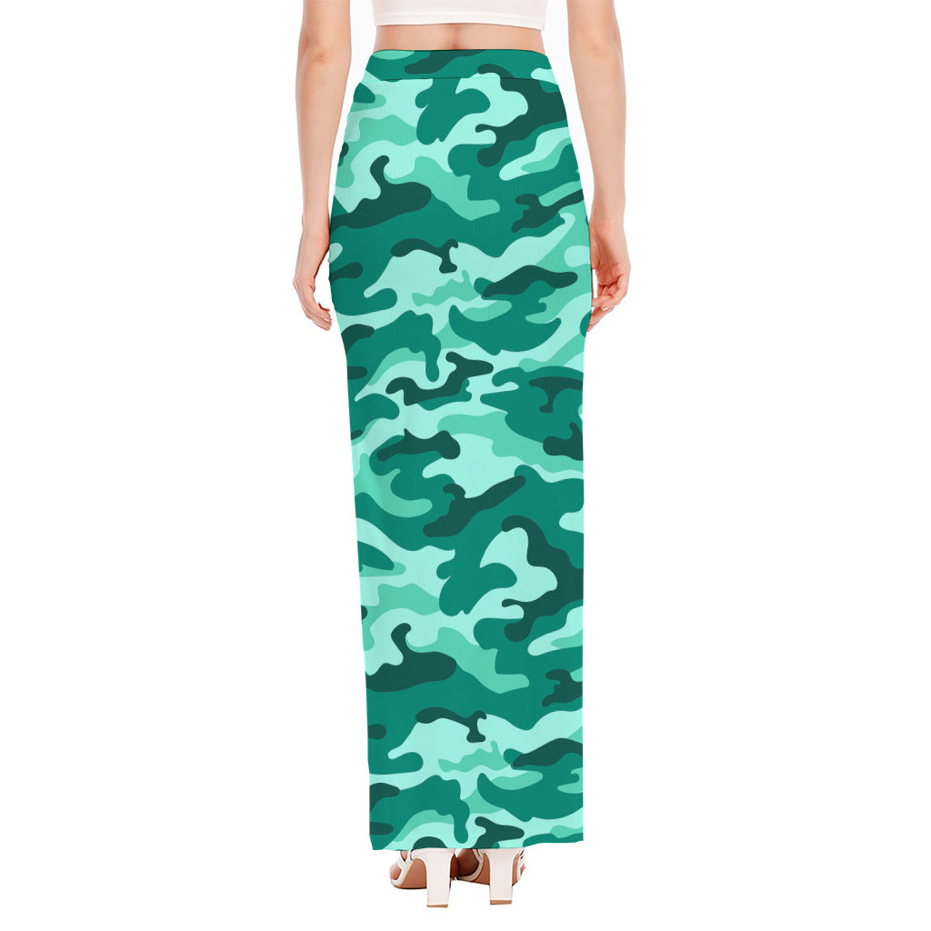 Teal Camouflage Print High Slit Maxi Skirt