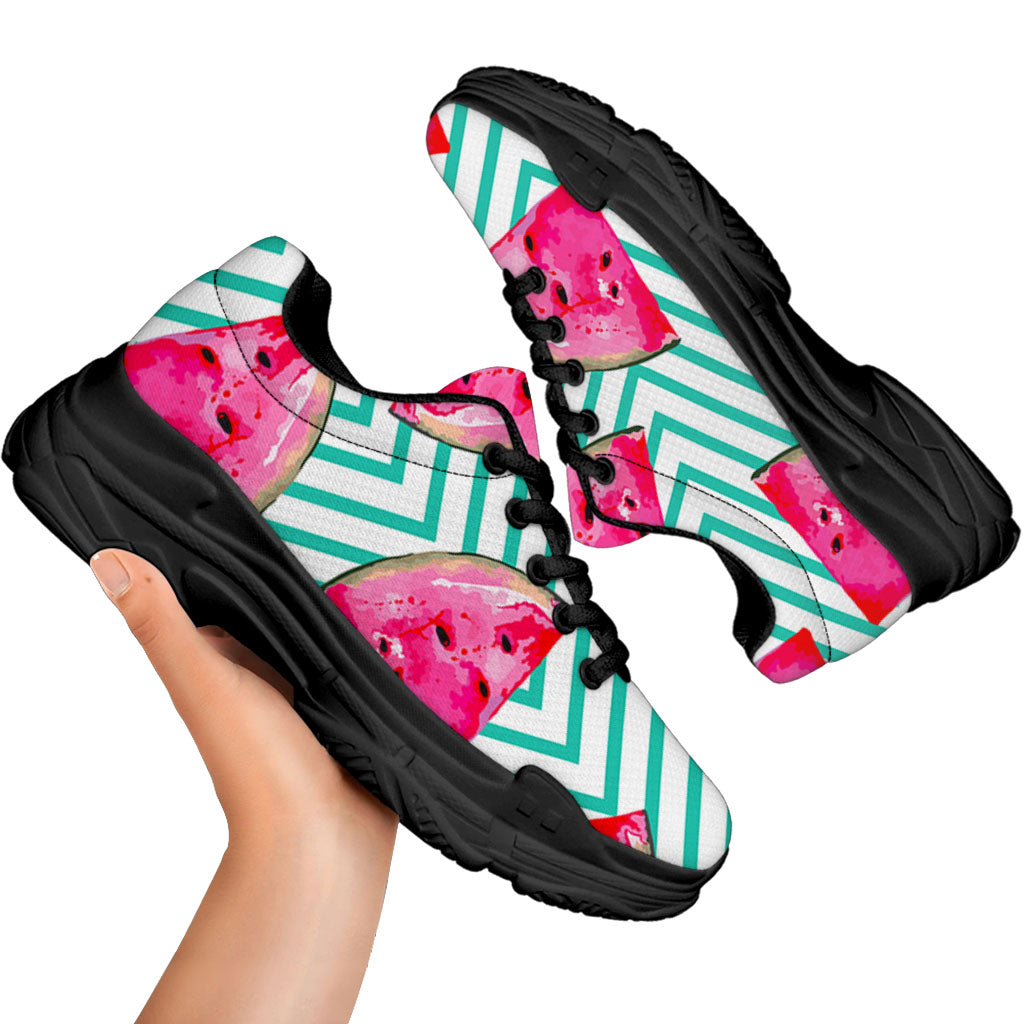 Teal Chevron Watermelon Pattern Print Black Chunky Shoes