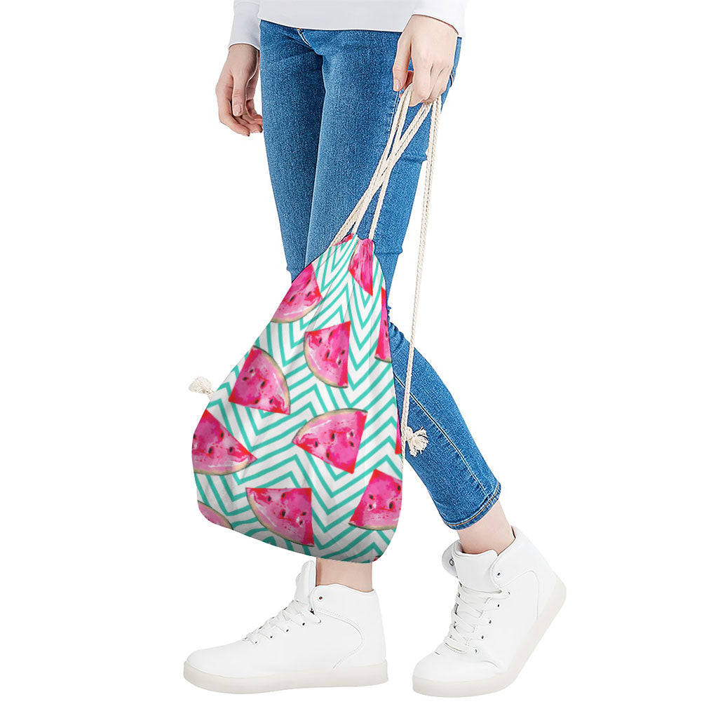 Teal Chevron Watermelon Pattern Print Drawstring Bag