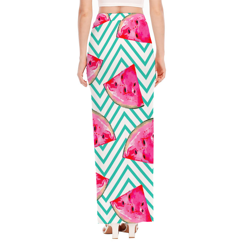 Teal Chevron Watermelon Pattern Print High Slit Maxi Skirt