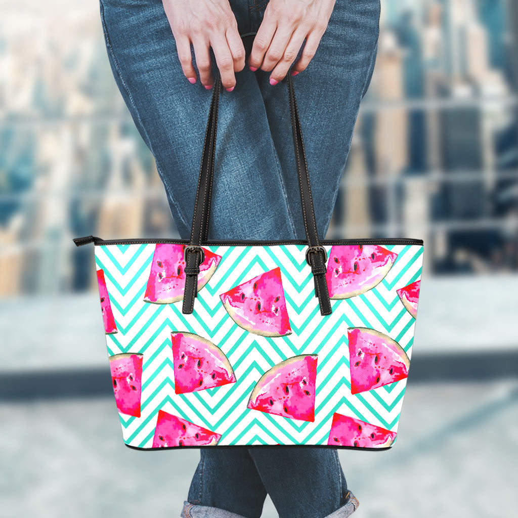 Teal Chevron Watermelon Pattern Print Leather Tote Bag