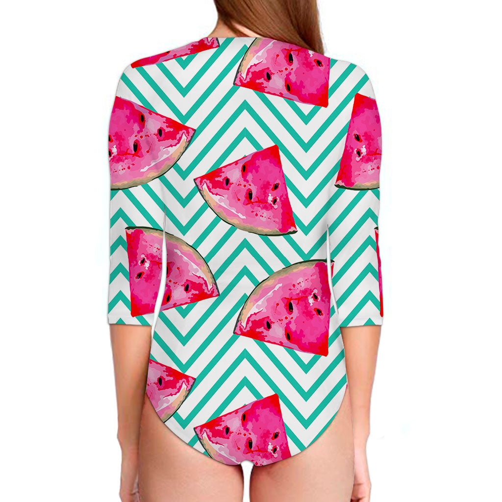 Teal Chevron Watermelon Pattern Print Long Sleeve Swimsuit