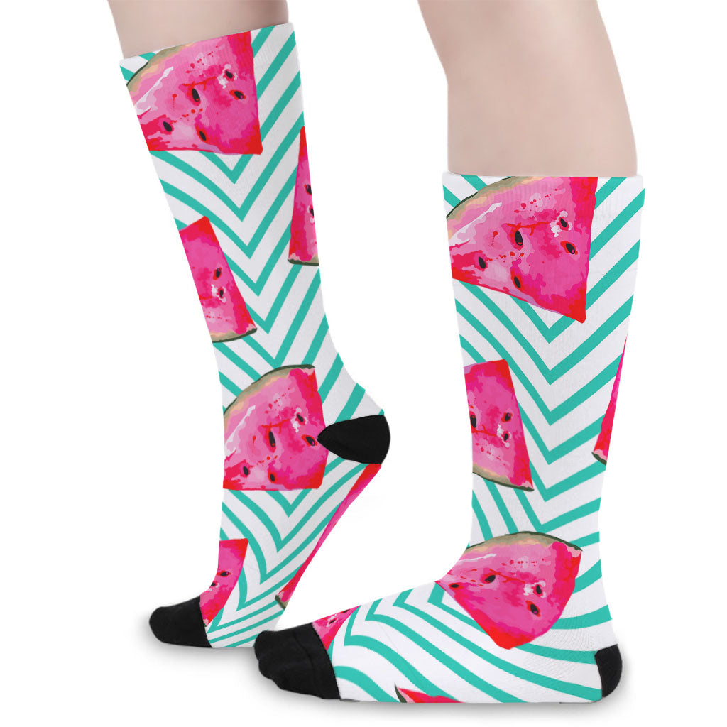 Teal Chevron Watermelon Pattern Print Long Socks
