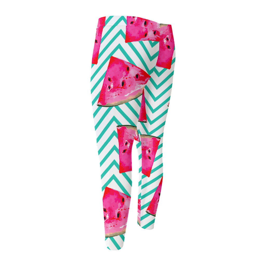 Teal Chevron Watermelon Pattern Print Men's Compression Pants