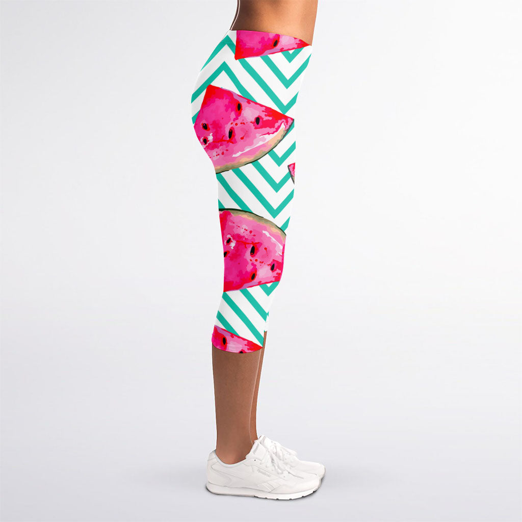 Teal Chevron Watermelon Pattern Print Women's Capri Leggings