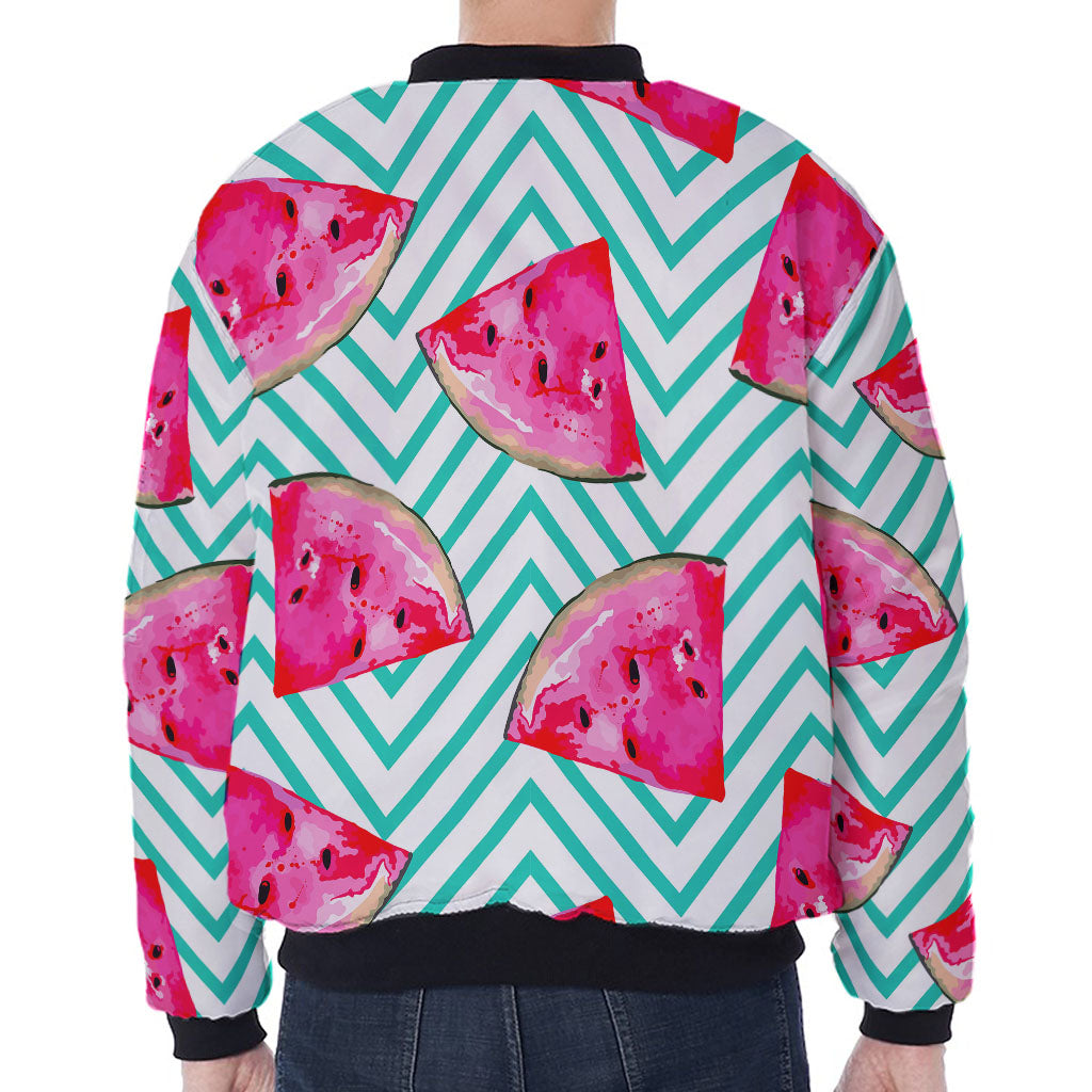 Teal Chevron Watermelon Pattern Print Zip Sleeve Bomber Jacket