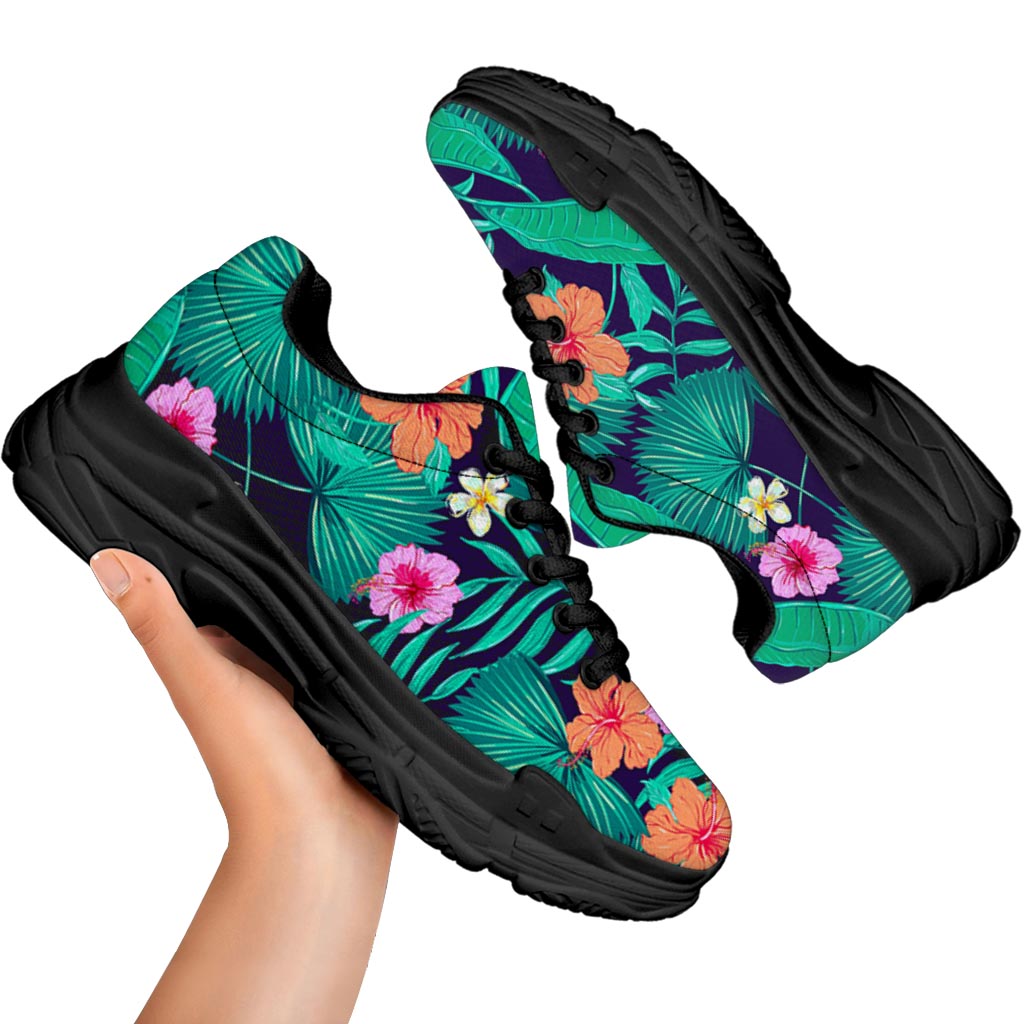 Teal Hawaiian Leaf Flower Pattern Print Black Chunky Shoes