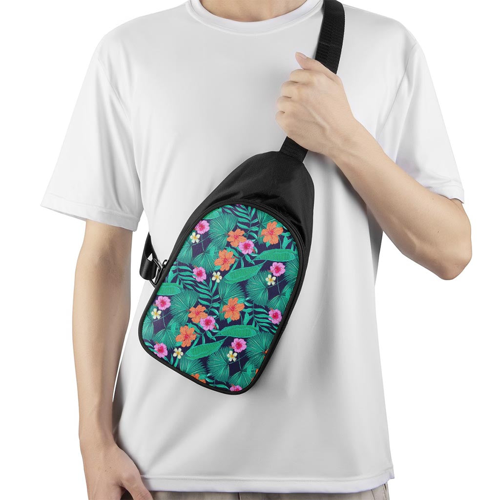 Teal Hawaiian Leaf Flower Pattern Print Chest Bag