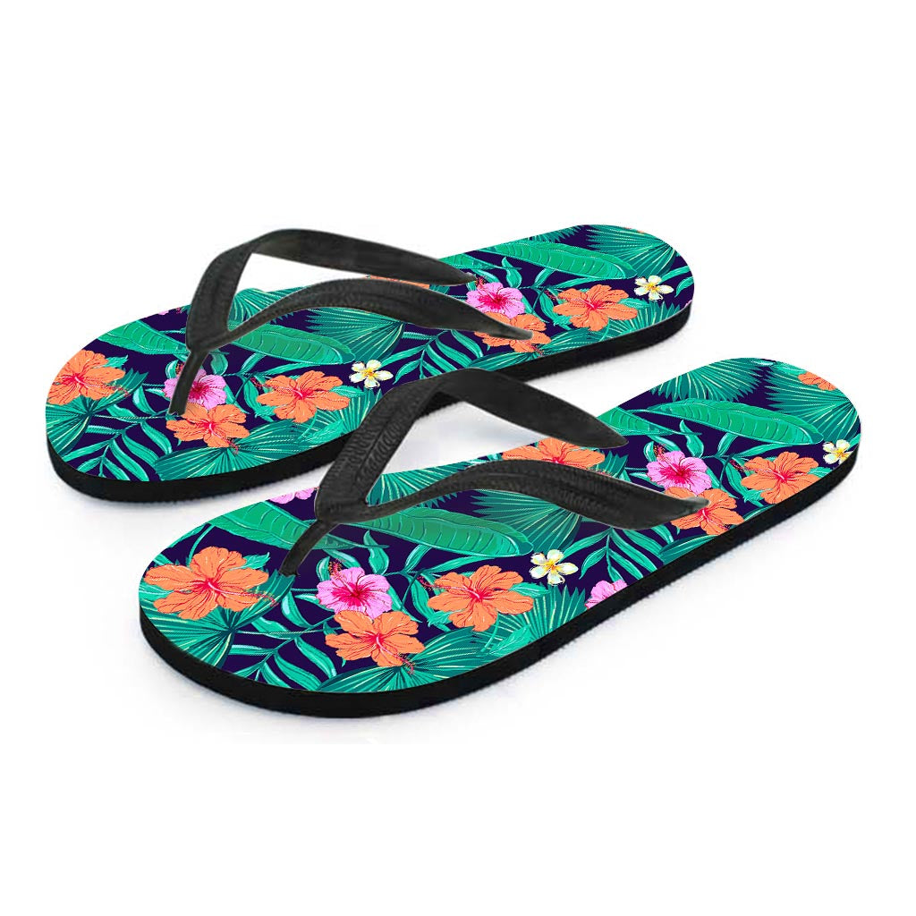 Teal Hawaiian Leaf Flower Pattern Print Flip Flops