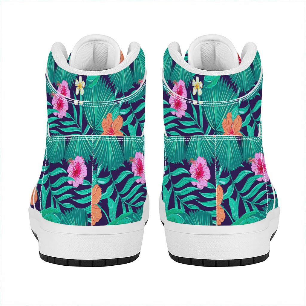 Teal Hawaiian Leaf Flower Pattern Print High Top Leather Sneakers