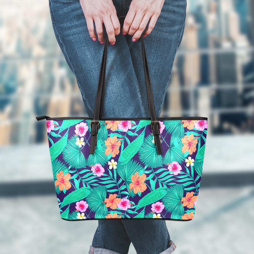 Teal Hawaiian Leaf Flower Pattern Print Leather Tote Bag