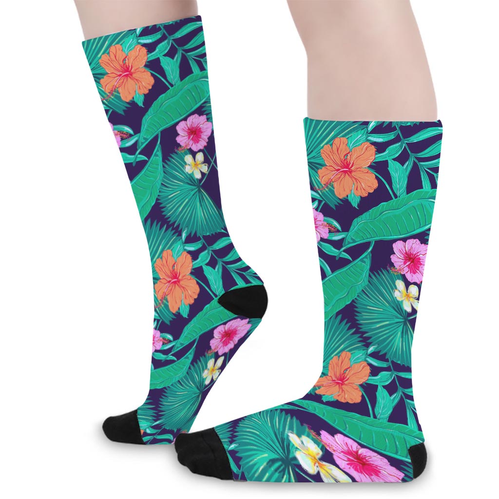 Teal Hawaiian Leaf Flower Pattern Print Long Socks