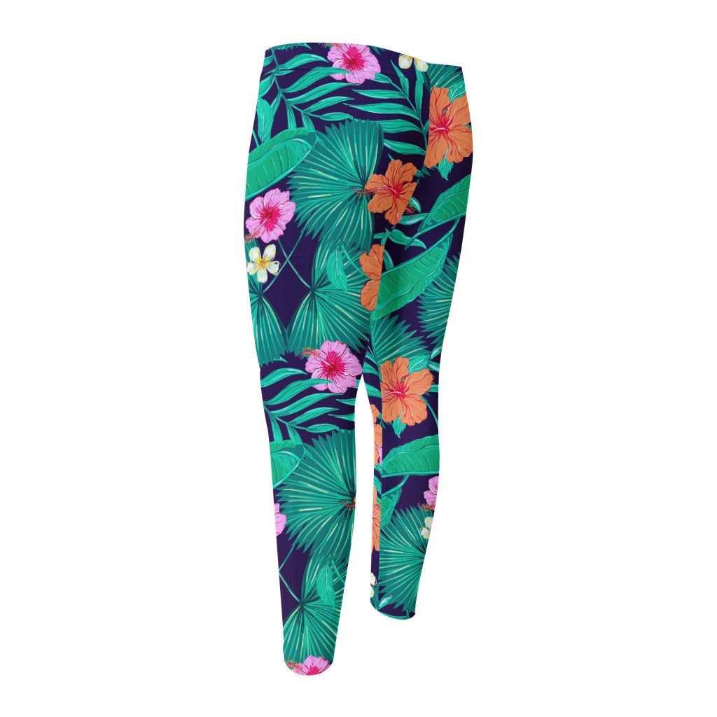 Teal Hawaiian Leaf Flower Pattern Print Men's Compression Pants