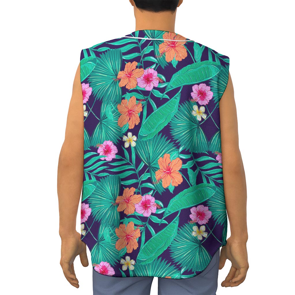 Teal Hawaiian Leaf Flower Pattern Print Sleeveless Baseball Jersey