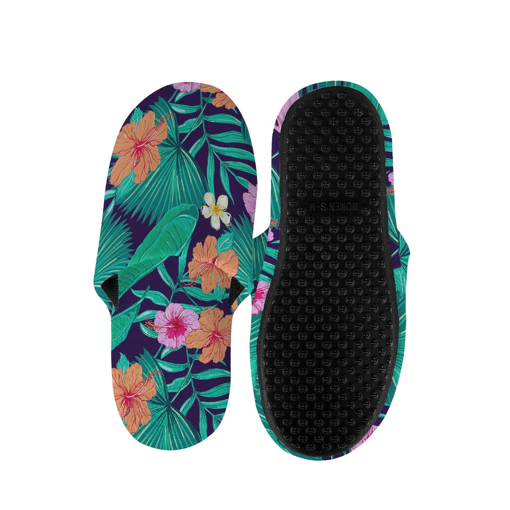 Teal Hawaiian Leaf Flower Pattern Print Slippers
